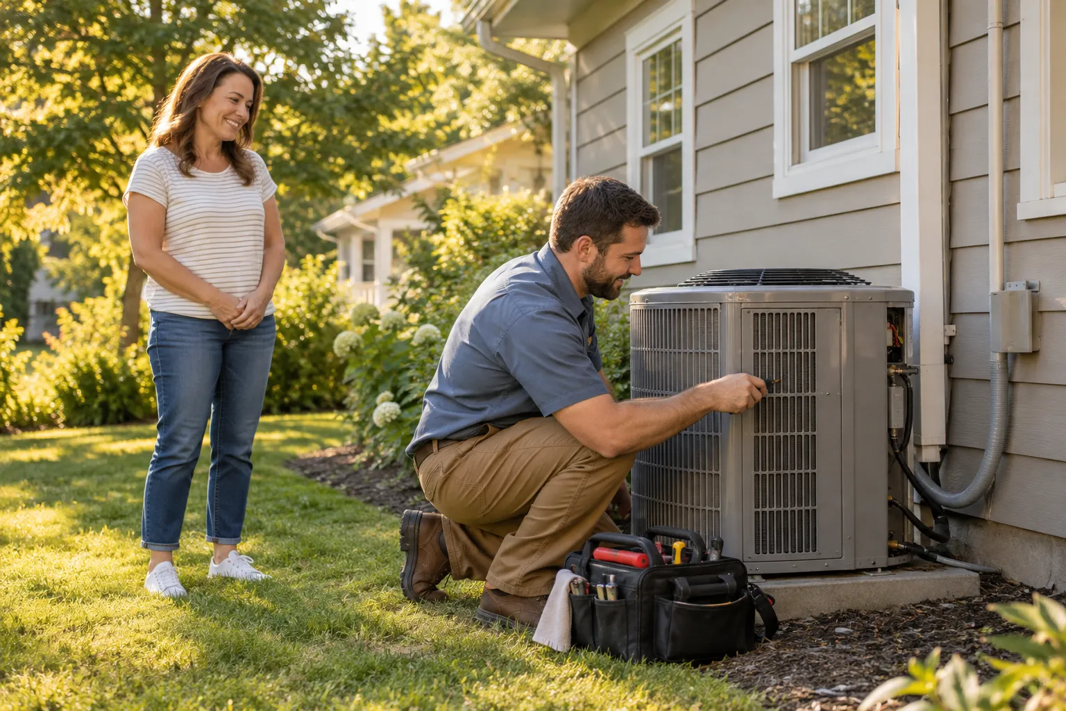 A friendly local provider checking an outdoor air conditioner for a homeowner in Dearborn