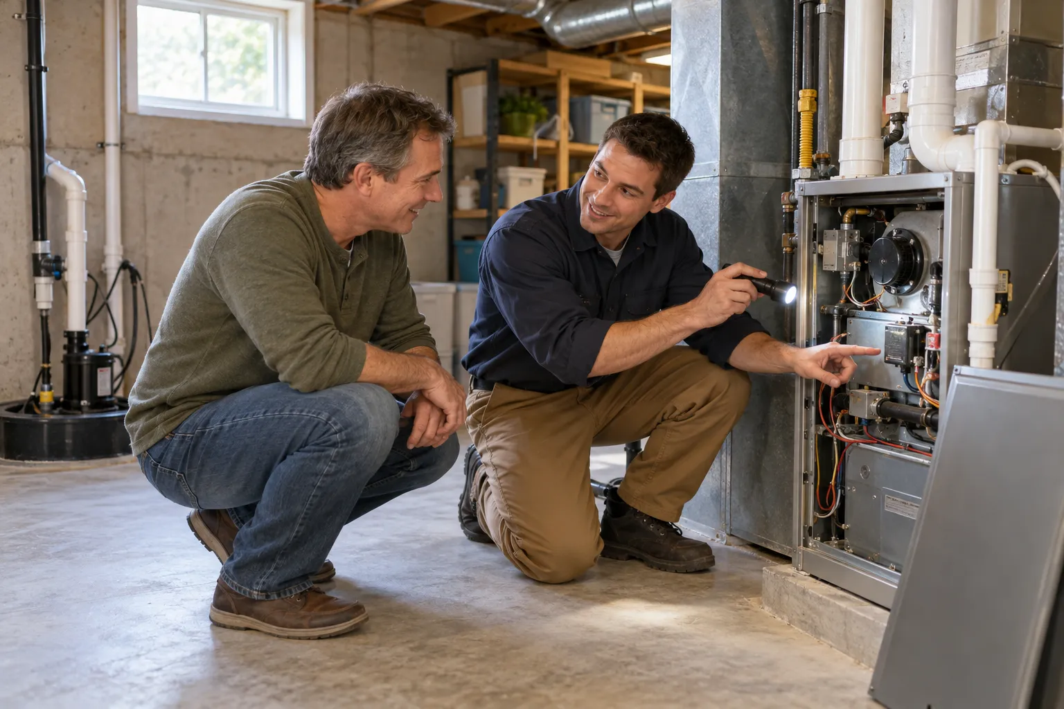 A friendly local HVAC provider checking a gas furnace in a home basement in Dearborn